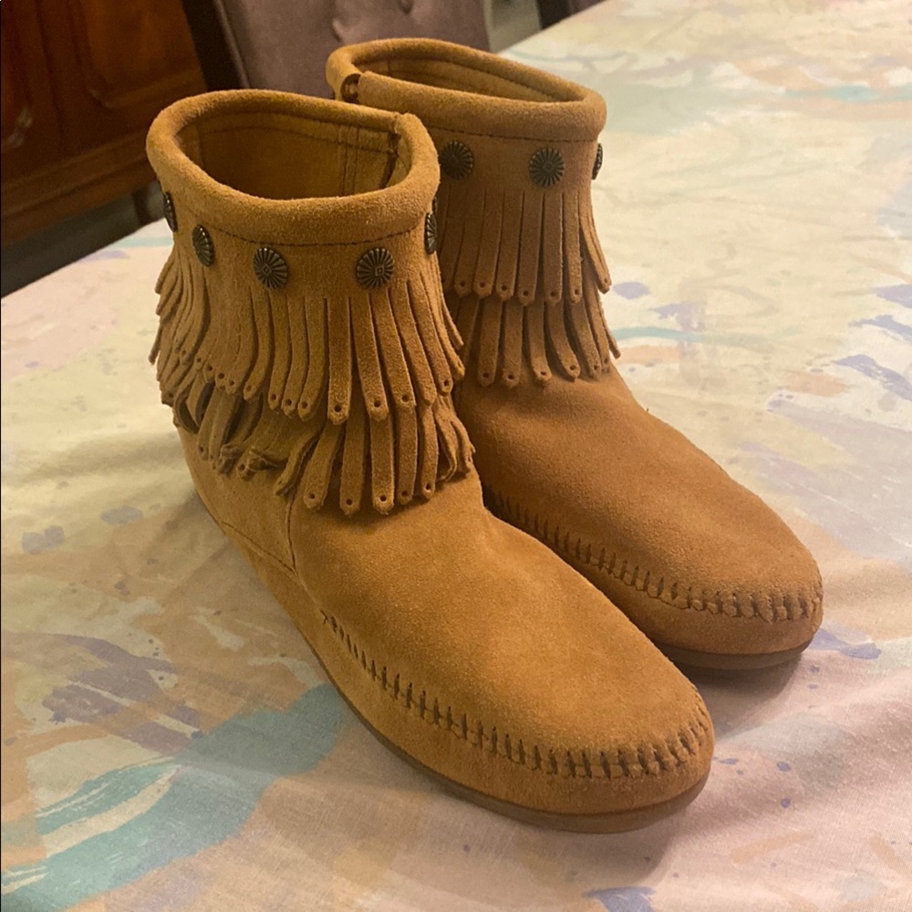Tan Suede Fringe Minnetonka Moccasin Boots